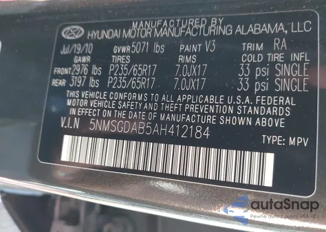 2010 Hyundai Santa Fe Gls z USA, uszkodzony, nr VIN 5NMSGDAB5AH412184